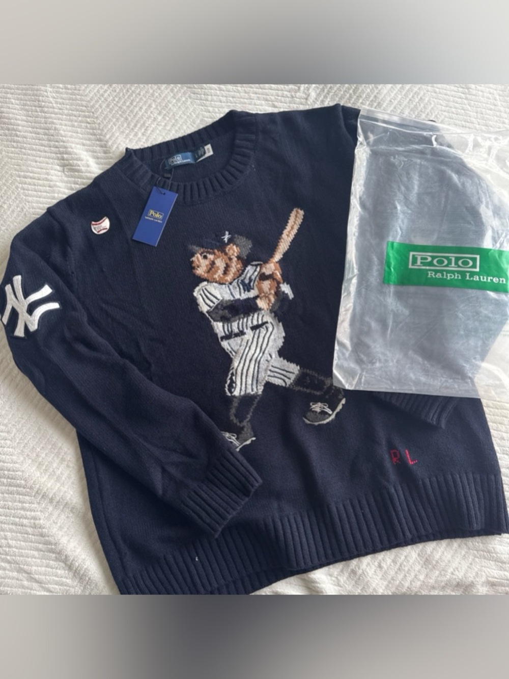 Polo by Ralph Lauren Navy Baseball Bear Intarsia Crewneck Sweater MEDIUM